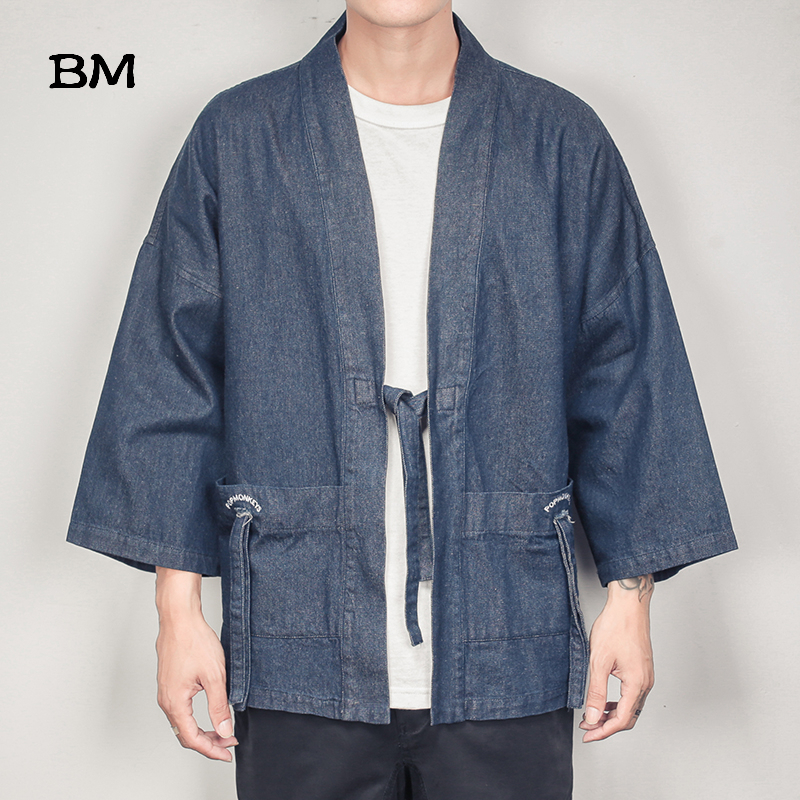 Japanese Loose Denim Kimono Fashion Plus Size Denim Jacket Men 5XL Chinese Style 3/4 Sleeve Hanfu Solid Color Oversized Cardigan T200502
