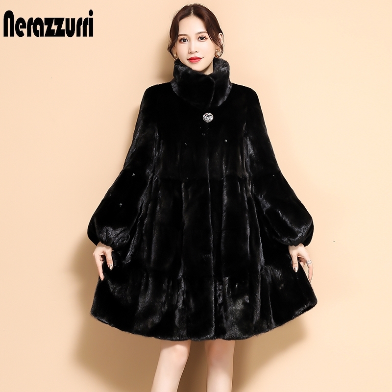 Nerazzurri Winter black pleated faux fur coat long flare sleeve stand collar Skirted soft plus size fluffy faux fur jacket women 201110