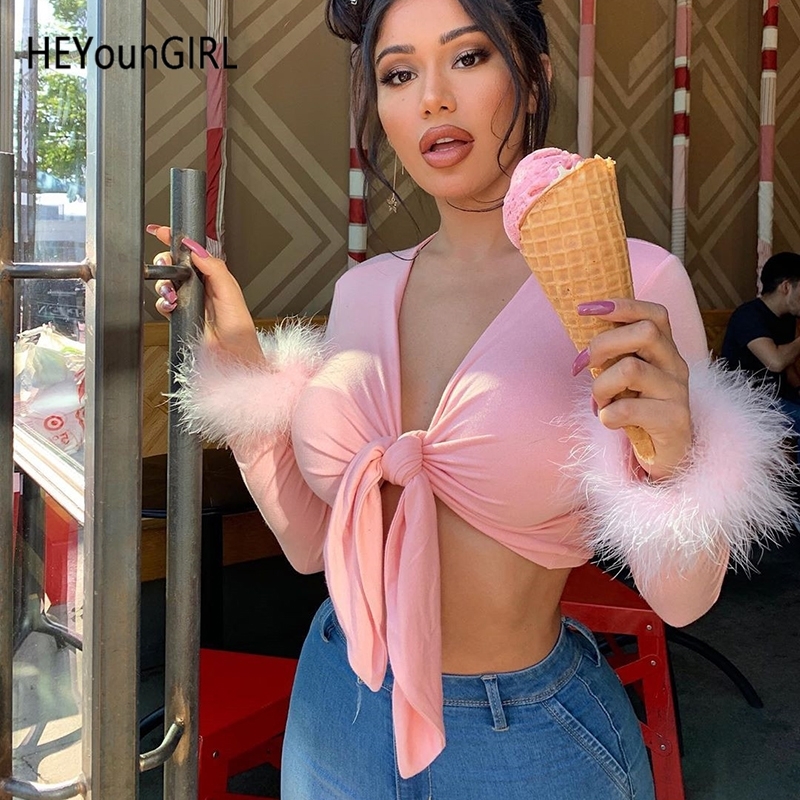 HEYounGIRL Tie Up Sexy V Neck T Shirts for Women Pink Feathers Long Sleeve Crop Top Fashion Basic Woman Tshirt Tops Streetwear Y200412
HEYounGIRL Tie Up Sexy V Neck T Shirts for Women Pink Feathers Long Sleeve Crop Top Fashion Basic Woman Tshirt Tops Streetwear Y200412
