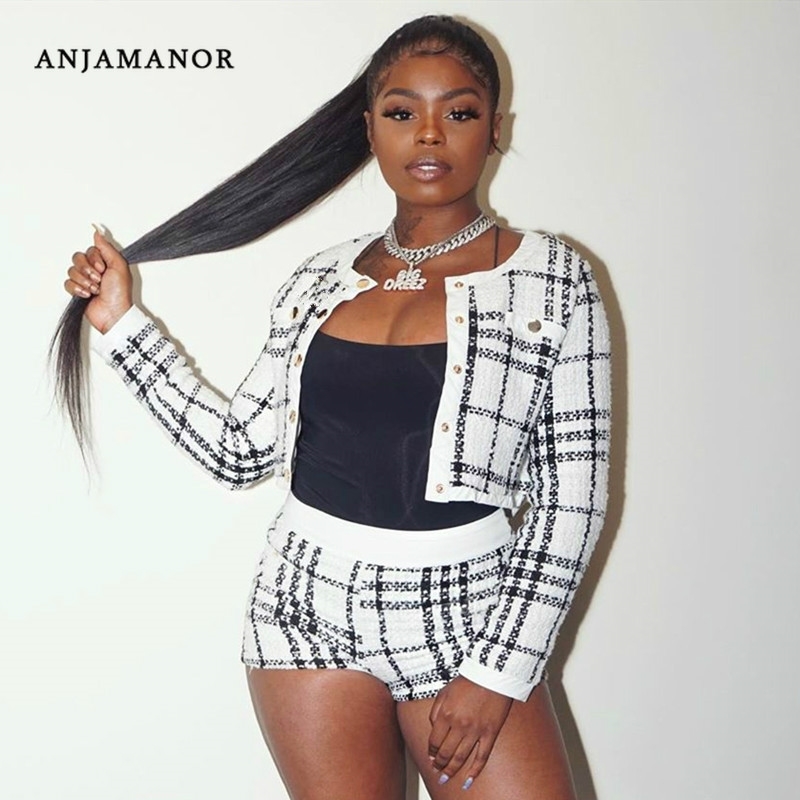 ANJAMANOR Sexy Tweed Plaid 2 Piece Sets Womens Outfits Fall Winter Long Sleeve Sweater Woolen Coat Short Matching Set D48AH