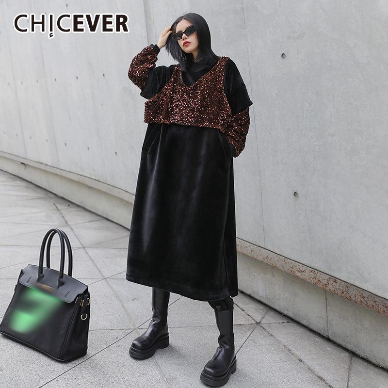 CHICEVER Patchwork Fake Two Dress For Women Stand Collar Lantern Sleeve Sequined Vintage Loose Dresses Female Fashion New Autumn, Black
CHICEVER Patchwork Fake Two Dress For Women Stand Collar Lantern Sleeve Sequined Vintage Loose Dresses Female Fashion New Autumn, Black
