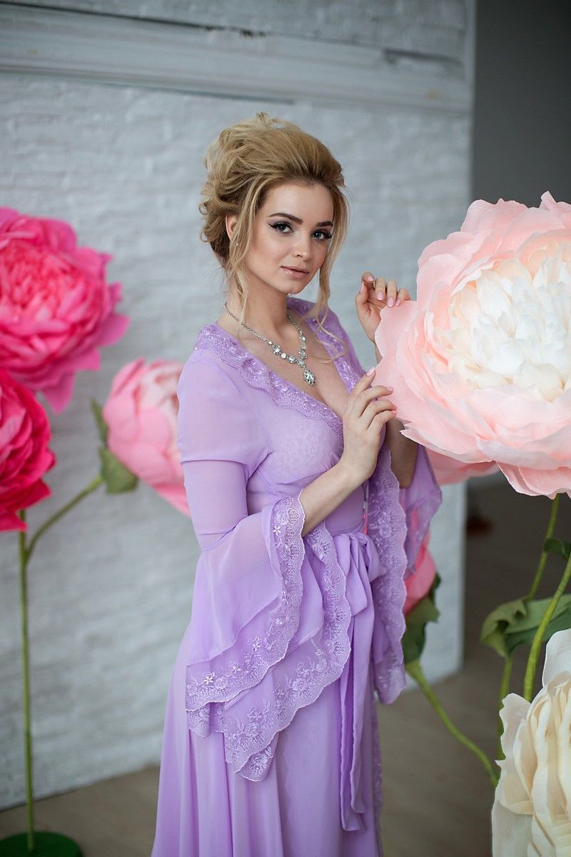 Fashion Purple Bridal Bathrobe Lace Tiered Ruffles Long Sleeve Lingerie Nightgown Pajamas Sleepwear Women Robes Nightwear