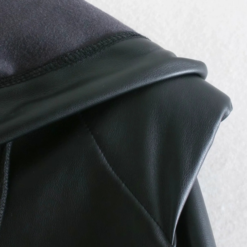 Women Shoulder Pads PU Leather Hoodie Short Coat Female Long Sleeve Outerwear Casual Lady Loose Tops C992 201029