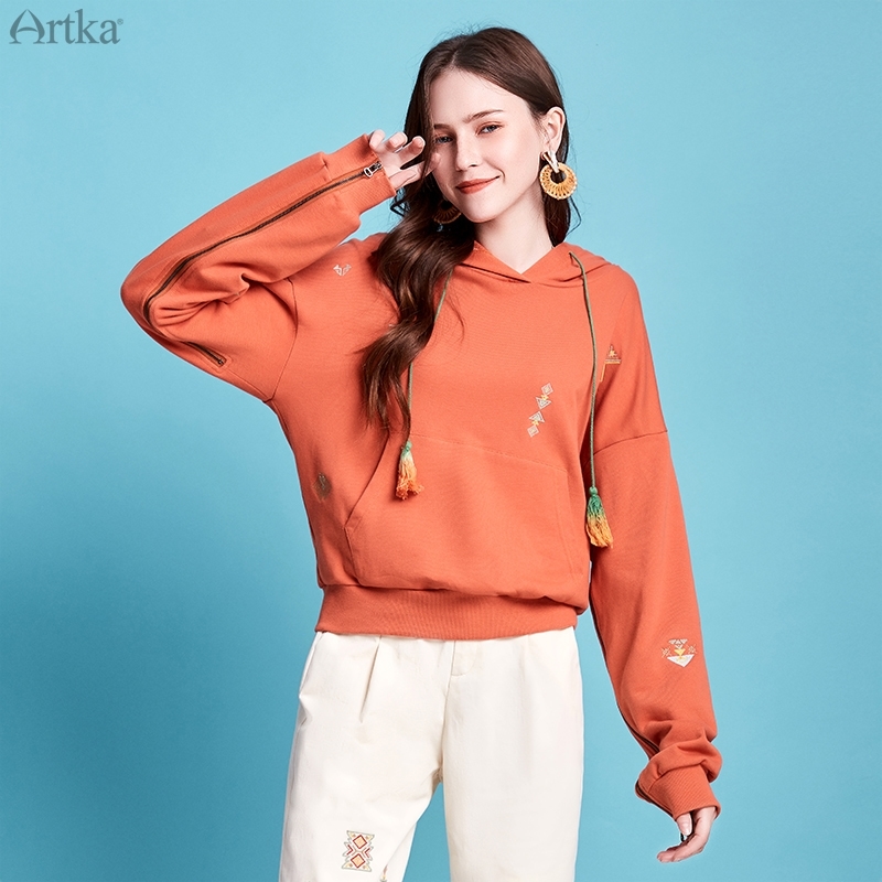 ARTKA Autumn New Women Hoodies Vintage Embroidery O-Neck Pullover Casual Hoodies Zip Long Sleeve Sweatshirt Women VA20104C 201204