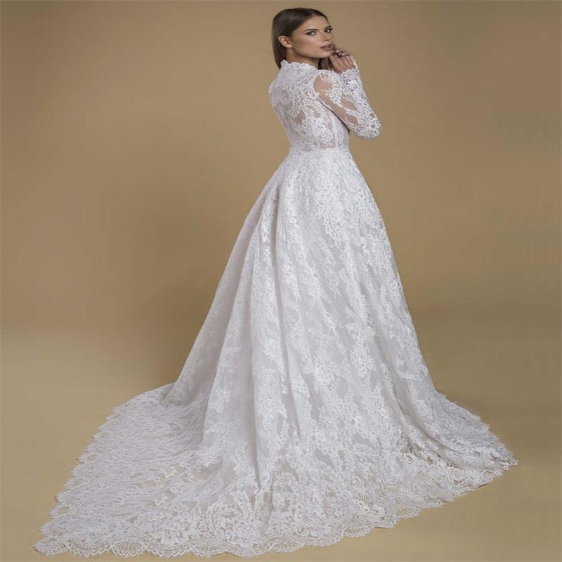 Fashion Elegant New Cheap Lace A Line Dresses Long Sleeves Appliqued Sweep Train Wedding Dress Bridal Gowns Robes De Marie ppliqued