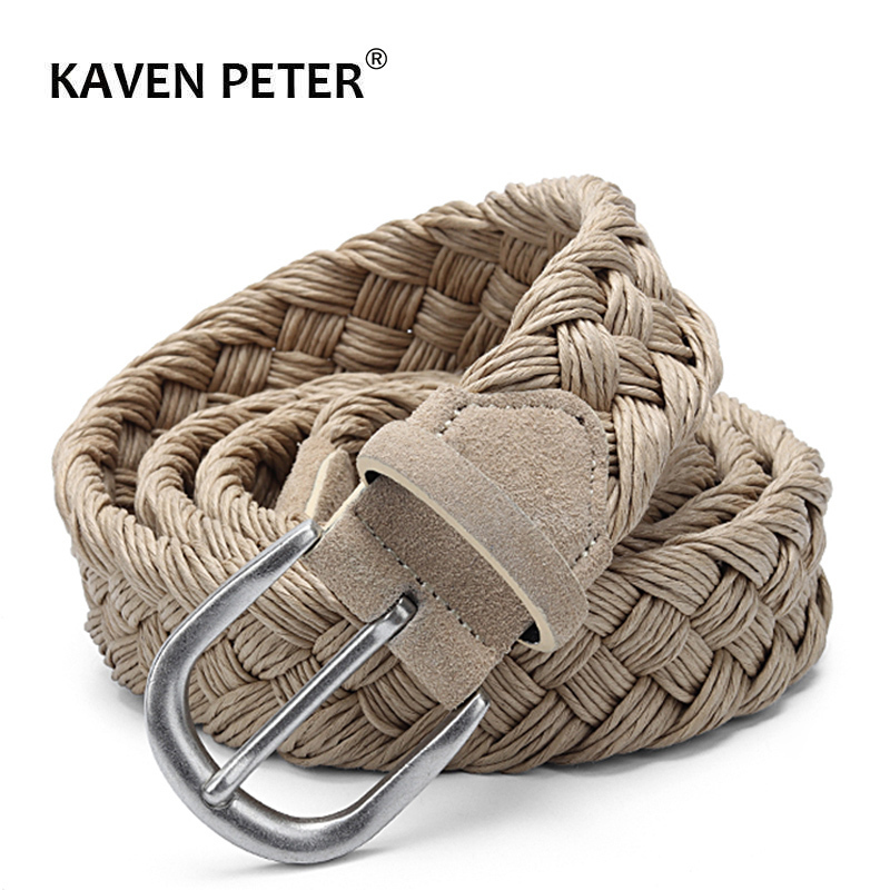 Men Suede Leather Knitted Belt With Wax Rope Braided Strap Antique Silver Buckle Without Holes Cotton Weave Handwork Belts Beige T200113