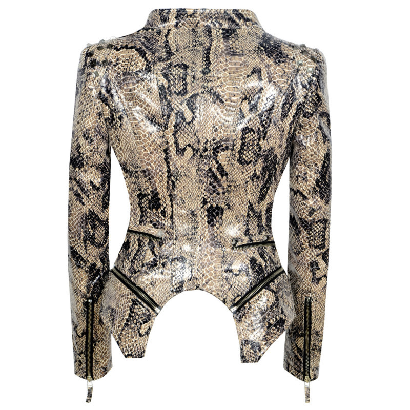 LANMREM High Street Double-layer Collar Snake Print Coat For Women Print Rivet Zipper short style Jacket Slim Female Coat YJ623 201017
