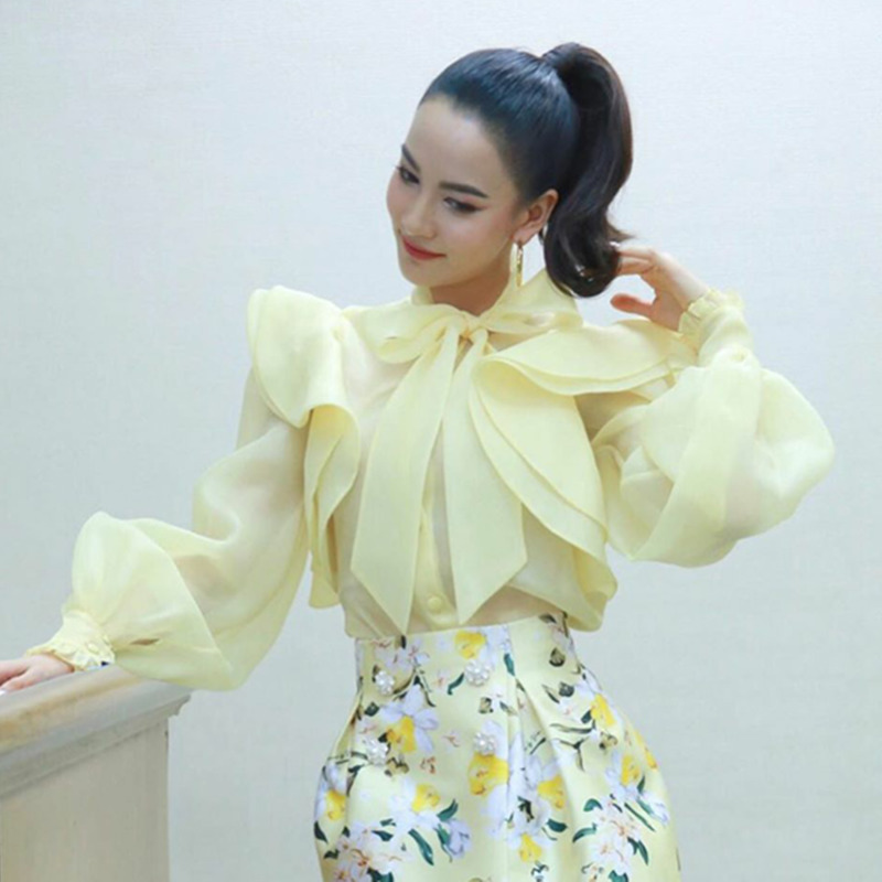 TWOTWINSTYLE Bowknot Shirt For Women Stand Collar Lantern Long Sleeve Ruffle Shirts Blouse Female Summer Fashion New 201125