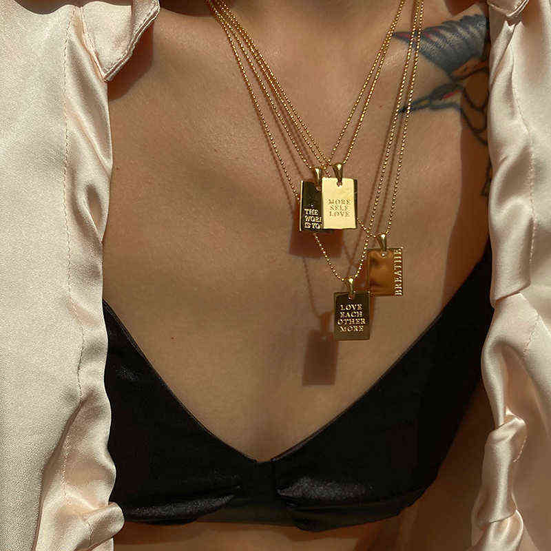 2021 New Stylish Hiphop Personal Engraved Letter Message Square Pendant Necklace Beads Chain Stainless Steel Gold Necklace Y220223