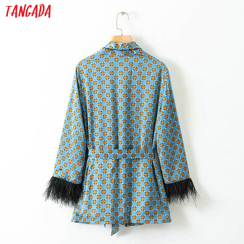 Tangada women feathers patchworks suit blazer fashion long sleeve ladies geometric print female office coat XD312 201114