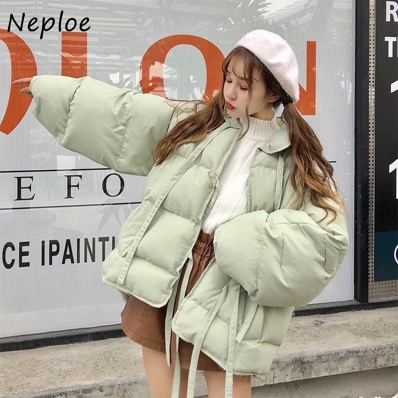 Neploe Sweet Cute Pillow Collar Drawstring Parkas New Loose Winter Women Jacket Solid Color Fashion Double Pockets Cotton Coat 201217