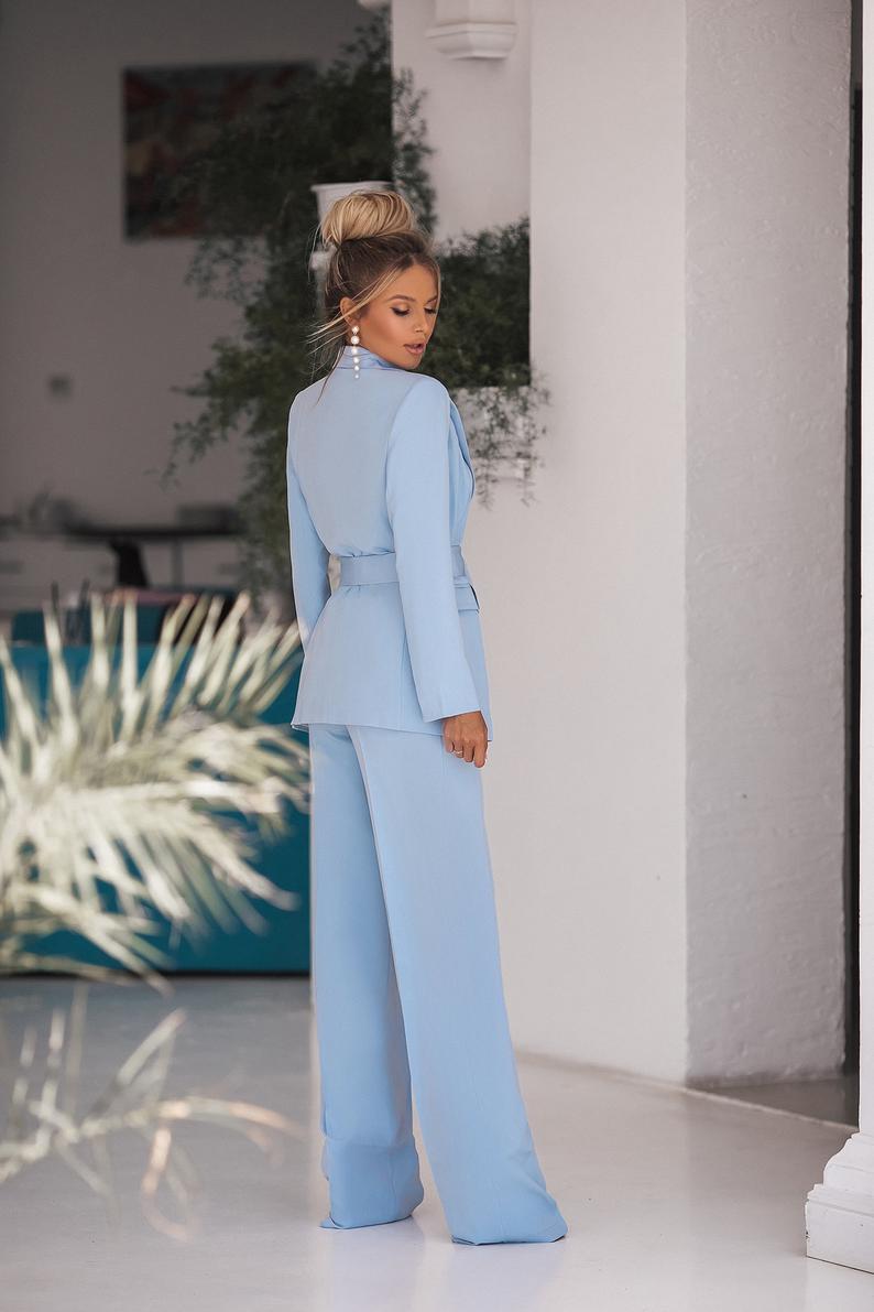 Spring Sky Blue Mother of the Bride Pants Suit Women Ladies Evening Party Tuxedos Formal Work Wear For Wedding 2 pcs