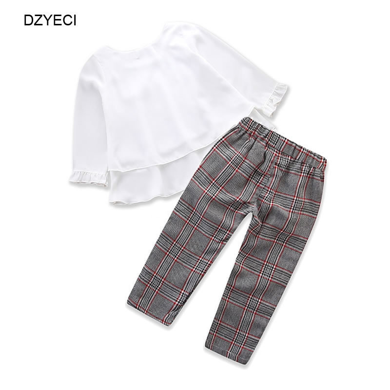 DZYECI Little Baby Girl 2PC Set Boutique Outfit For Kid Bow Ruffle T Shirt Top+Plaid Pant Suit Child Back To School Tracksuit 201031