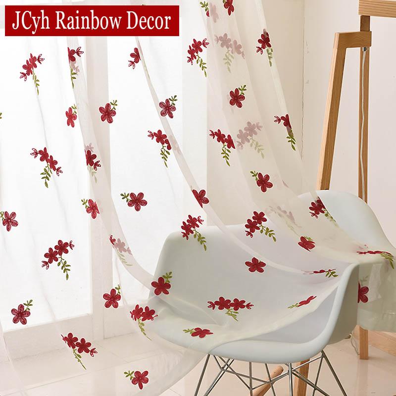 

Embroidery White Tulle Curtains For Living Room Bedroom Red Flower Kitchen Curtains Organza Window Voile Sheer Drapes