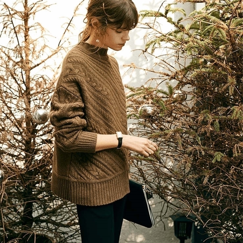 wool sweater female half-high collar oblique twisted loose loose lazy wind wool bottoming sweater women knitted pullover 201201