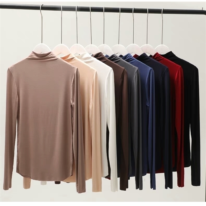 Turtleneck Long Sleeve Women T Shirt 100% Cotton T-shirt Slim Tee Shirts Harajuku Women Tops Camiseta Mujer Tee Shirt Femme 201029