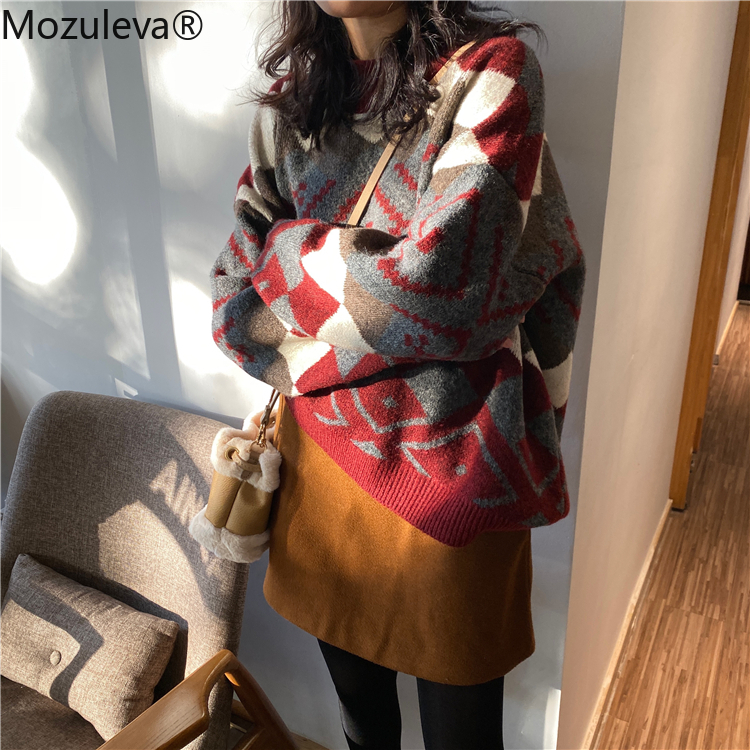 Mozuleva Autumn Winter Argyle Printed O-Neck Full Sleeve Sweater for Women Female Regular Knitted Sweater Pullovers 201109