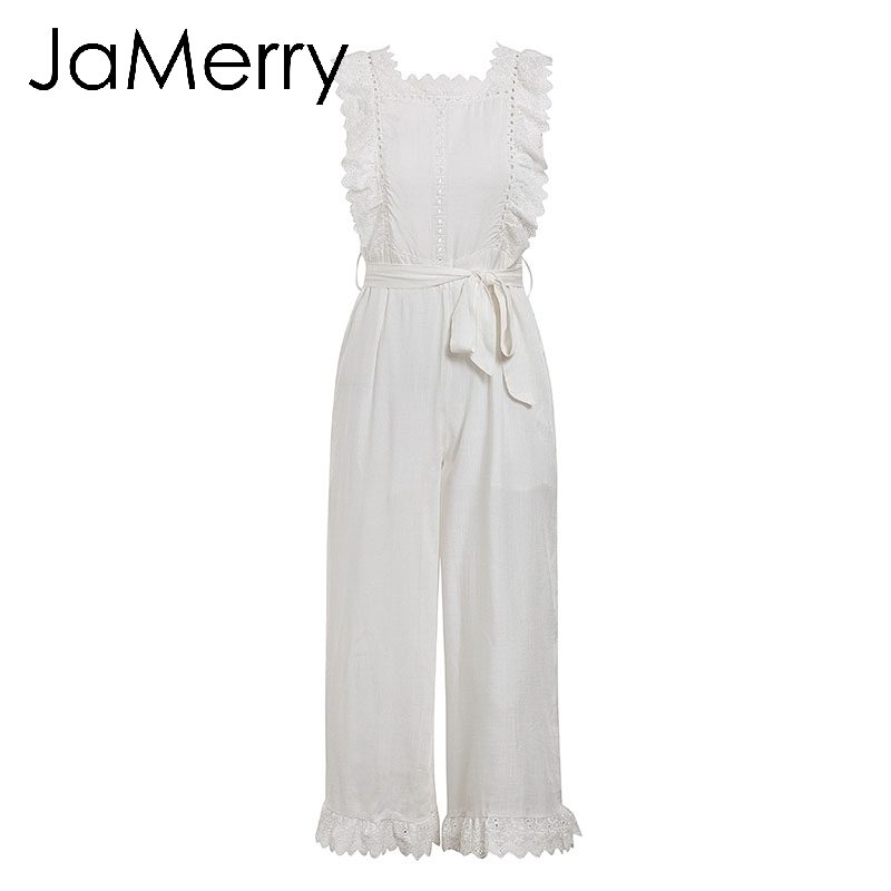 JaMerry Vintage cotton linen ruffled embroidery women jumpsuit Elegant hollow out sashes long jumpsuit romper Casual overalls T200107