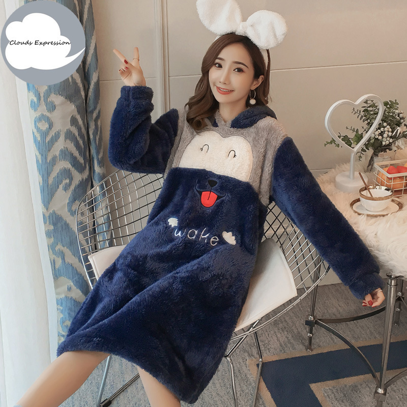 Winter Flannel Bathrobes Women's Cartoon RobesThicken Warm Nightgowns Lovely Bath robe Women Pajamas Bath Robe Sleepwear Fashion 210203