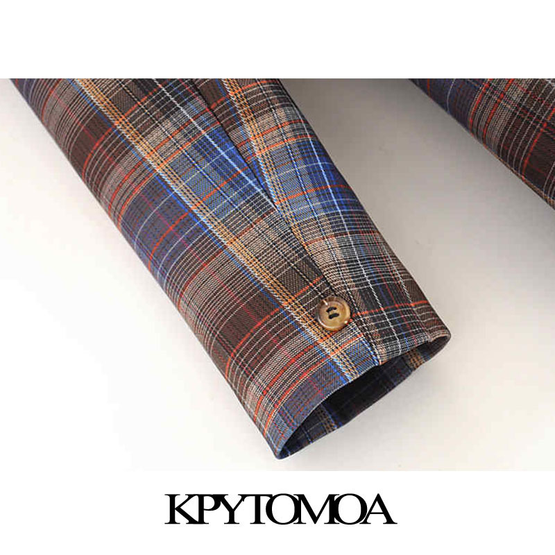 Vintage Stylish Double Breasted Plaid Blazer Coat Women Fashion Long Sleeve Pockets Office Wear Female Outerwear Chic Tops 201114