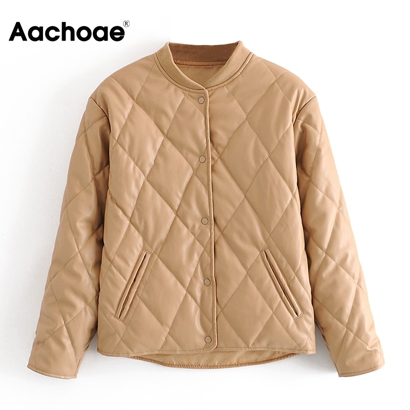Aachoae Fashion Argyle Padded Jacket Women PU Faux Leather Long Sleeve Coat Female Loose Casual Ladies Winter Jackets 201028