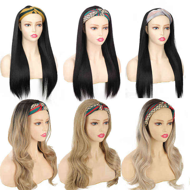 Hairpiece Jinkaili Long Wave Black Ombre Blonde Headband Wigs Heat Resistant Synthetic Lolita New Fashion Hair Band for Women 0121