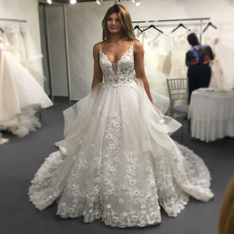 Spaghetti A Line Lace Wedding Dresses 2021 with Beaded Appiques Deep V-Neck Backless Chapel Train Tulle Bridal Gowns, White
Spaghetti A Line Lace Wedding Dresses 2021 with Beaded Appiques Deep V-Neck Backless Chapel Train Tulle Bridal Gowns, White