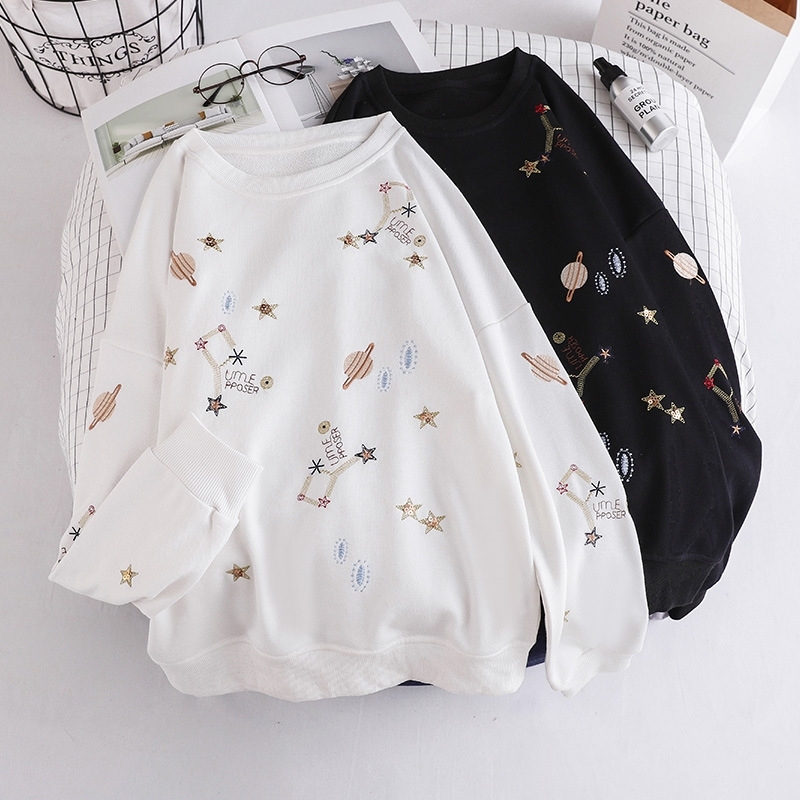 Milinsus Kpop Winter Women Thinness Sweatshirts Fashion Cartoon Embroidery Long Sleeve Pullover Female Round Neck Tracksuit tops 201102