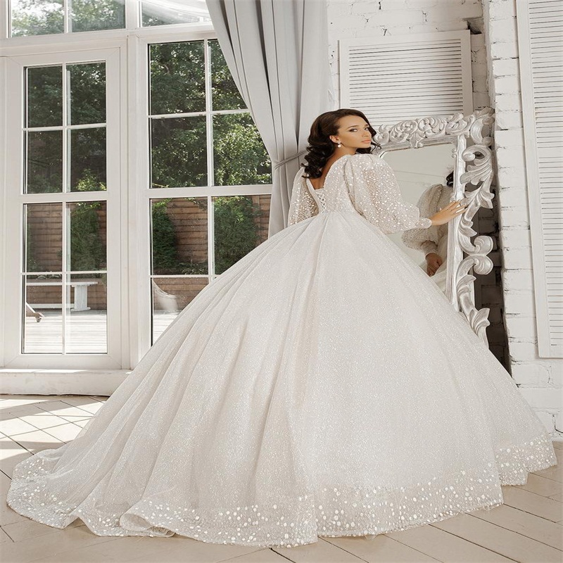Bling Sequins A Line Wedding Dresses Deep V Neck Long Sleeves Appliqued Lace Bridal Gowns Custom Made Boho Plus Size Vestidos De Novia