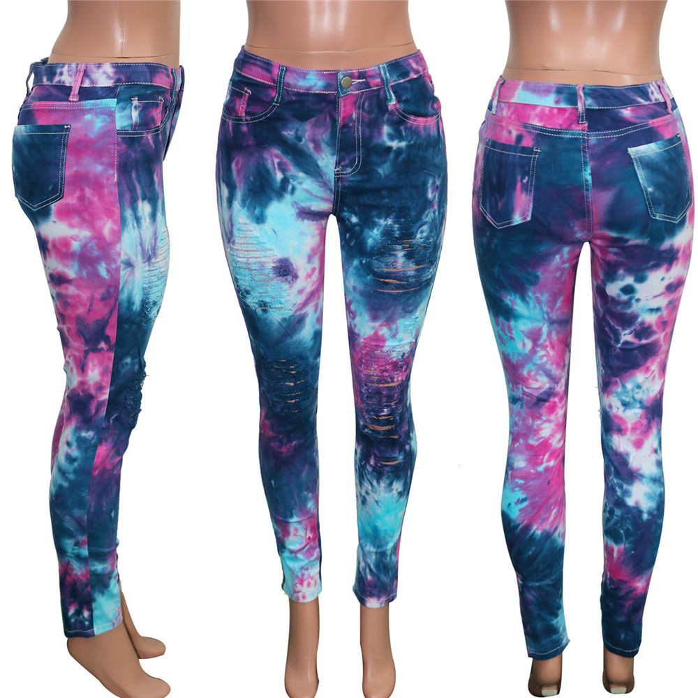 Tsuretobe Ripped Jeans For Women Tie Dye High Waisted Jeans Fashion Clothes For Women Plus Size Jeans Denim Pencil Pants Trouser 201029
