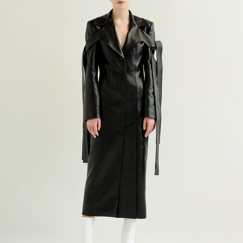 TWOTWINSTYLE Lace Up PU Leather Women's Coat Lapel Collar Long Sleeve Coats Female Large Size 2020 Autumn Winter Fashion OL New T200805