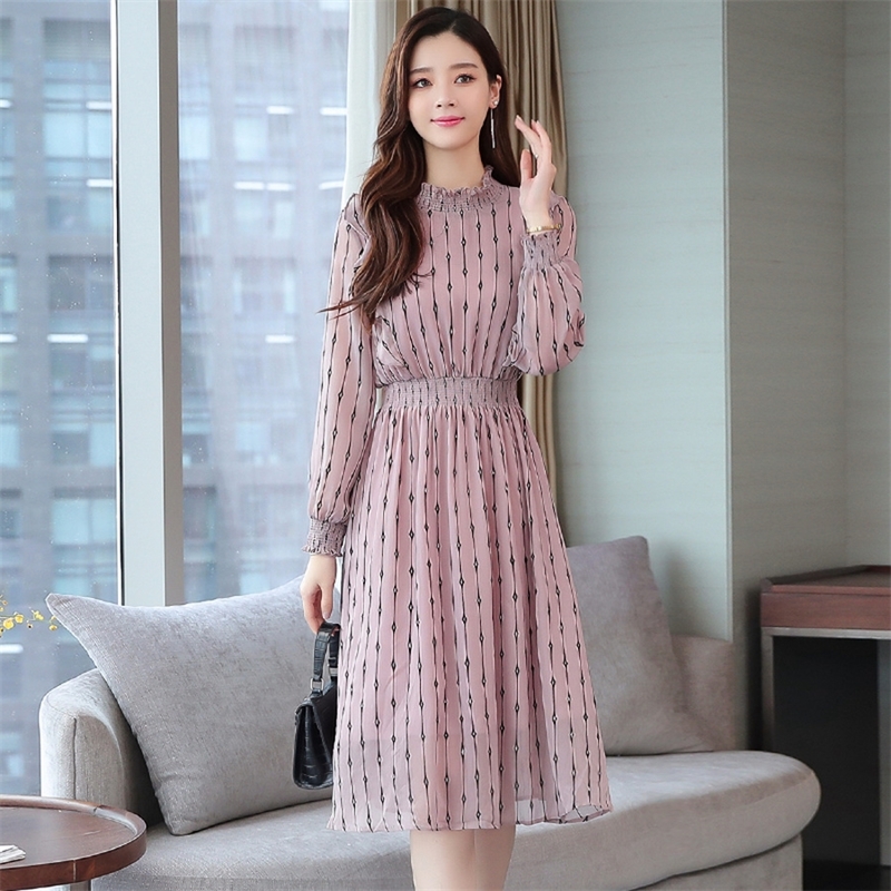 Vintage Striped Chiffon Long Sleeve Midi Dresses Autumn Winter Plus Size Women Bodycon Dress Elegant Party Femal Vestidos 201008