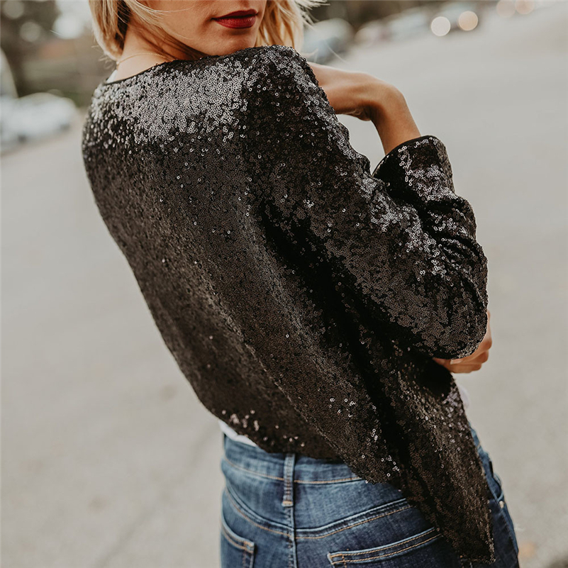 Spring Autumn Fashion Women Black Sequined Coats Irregular Outwears Cardigan Shorts Slim Jackets Crop Tops sudaderas mujer 2019 T200111