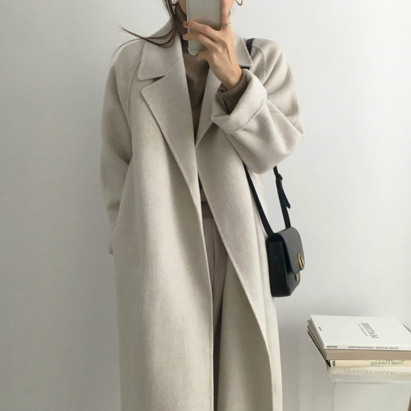 LANMREM autumn gray turn-down collar woolen coat with belt fashion Korean gentle elegant new loose long tweed coat 201103