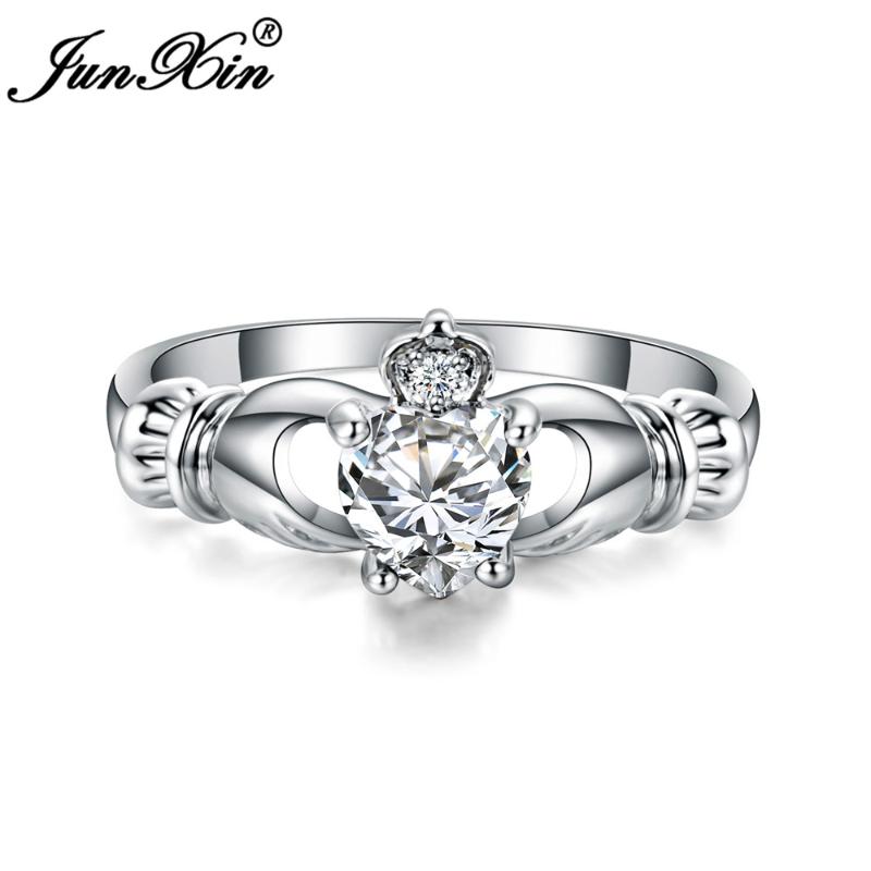 Wedding Rings JUNXIN Luxury Female Heart Ring Claddagh White Gold Filled Jewelry Fashion For Women Birth Stone Gifts1