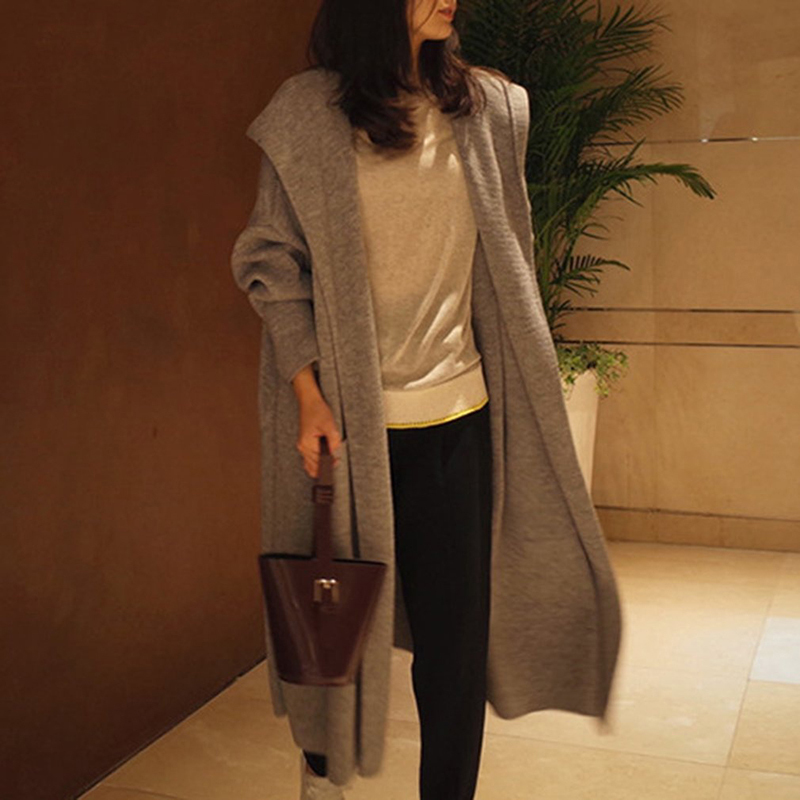 Grey Long Cardigan Women Cashmere Solid Knit Sweater Women Long Sleeve Winter Pockets Female Cardigan Kimono 201030