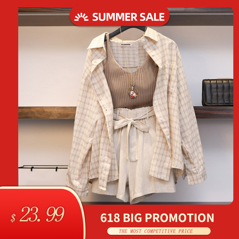 Summer Spring Women' Suit 3 Piece Set Plaid Blouses Tank Tops Elastic Waist Belt Outfit 2020 Wide Leg Long Sleeve Woman Suits T200701, Apricot set
Summer Spring Women' Suit 3 Piece Set Plaid Blouses Tank Tops Elastic Waist Belt Outfit 2020 Wide Leg Long Sleeve Woman Suits T200701, Apricot set