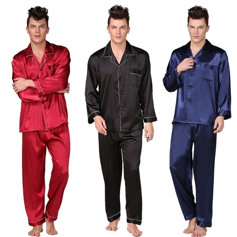 Plus Size Men's Silk Pajama Black Red Blue Stain Silk Sexy Sleepwear Modern Style Homewear Set Soft Bath Sleep Pyjama 2 Pcs/set 201109