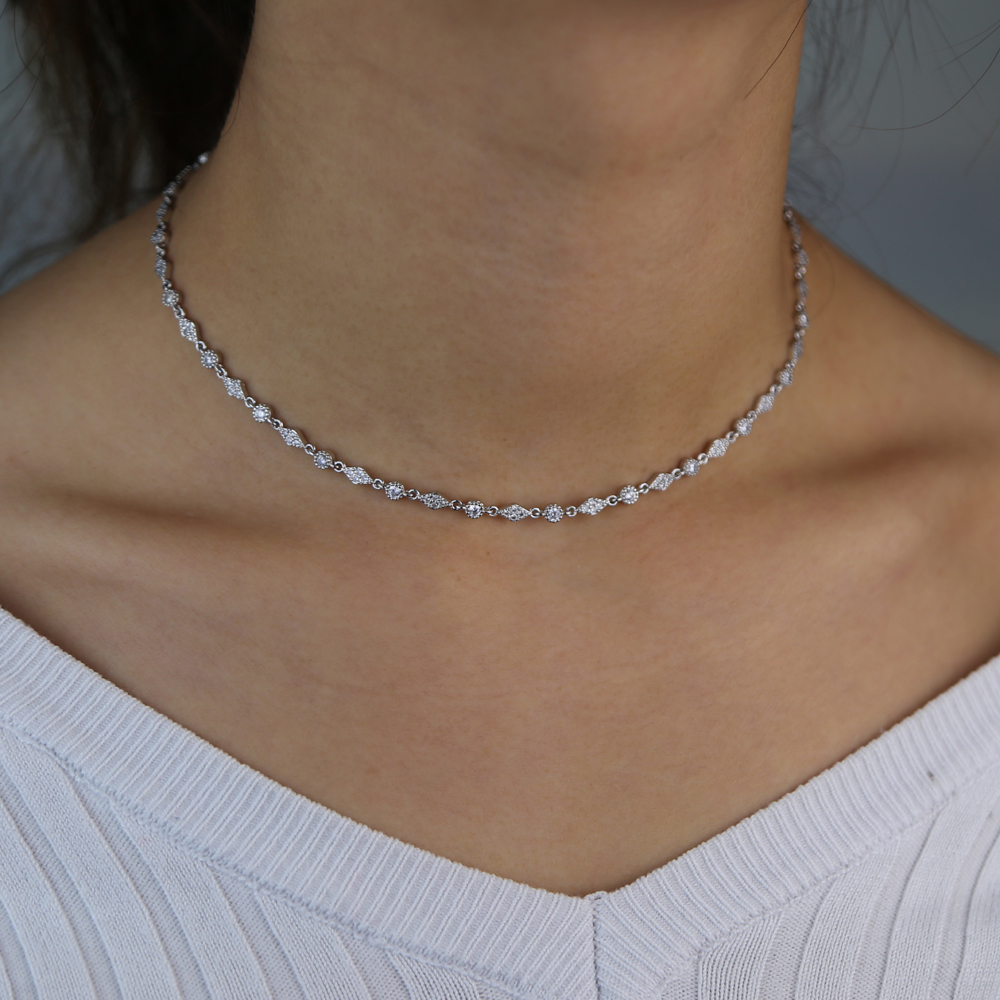 Delicate Ollarbone CZ Necklace Silver Color WeddinG EnGaGement Bridal Gift TenniS Cz Station Chain Chocker Jewelry