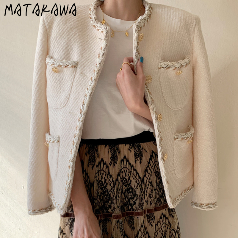 MATAKAWA Korean Round Neck Trim Woolen Coat Woman Single Breasted Loose Multi-pocket Long Sleeve Fall Clothes for Women 201216