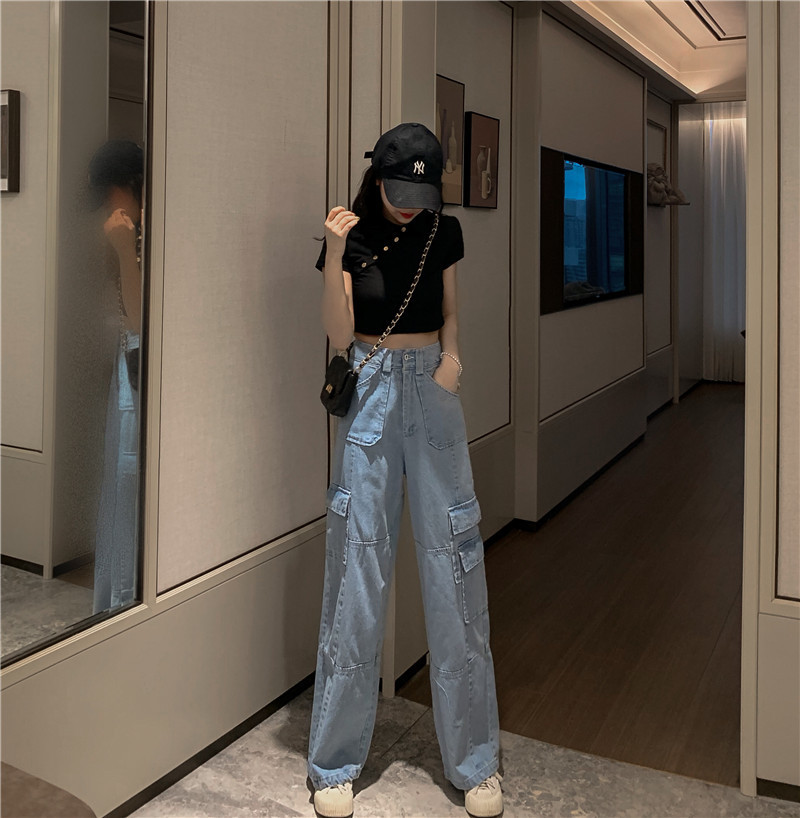 Woherb Vintage Wide Leg Woman Jeans High Waisted Jeans Blue Casual Long Trousers Korean Streetwear Pockets Denim Pants 25636 201109