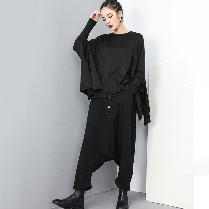 [EAM] New Spring Autumn High Elastic Waist Black Button Split Joint Wide Leg Long Loose Pants Women Trousers Fashion YG2 201109