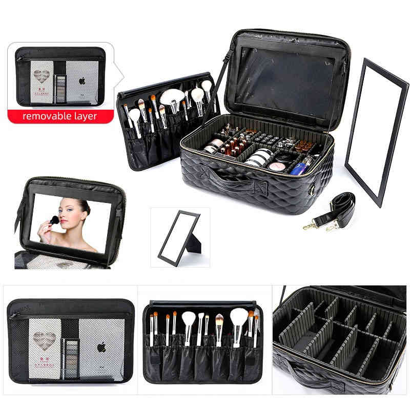 NXY cosmetic bags Small size Black Cosmetic storage bag professional portable large capacity tattoo toolbox with mirror 220118