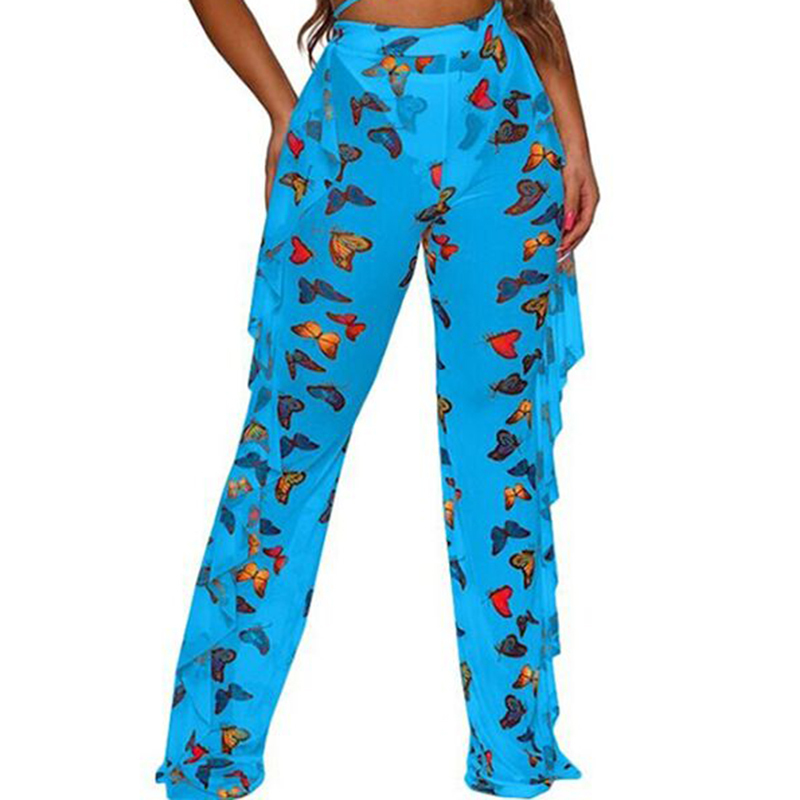 Women's Ruffle Full Pants Mesh See-through Loose Wide Leg Trousers Fashion Casual Daily Sexy Transparent Pants LJ201130