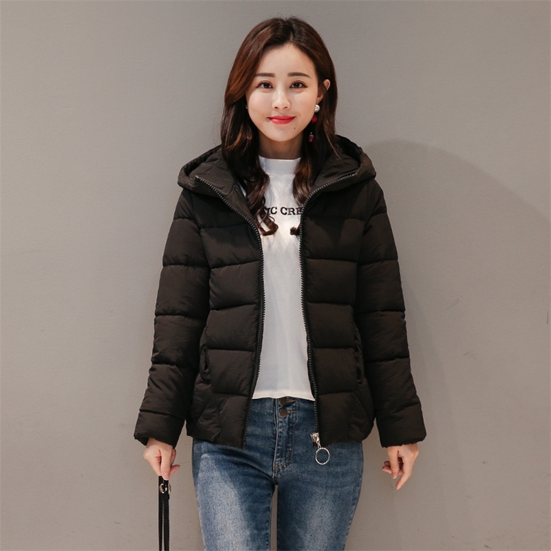Winter Hooded Short Jacket Women Plus Size Solid Women's Parkas Stand Collar Loose Cotton Padded Casual Thick Coat Ladies 201217