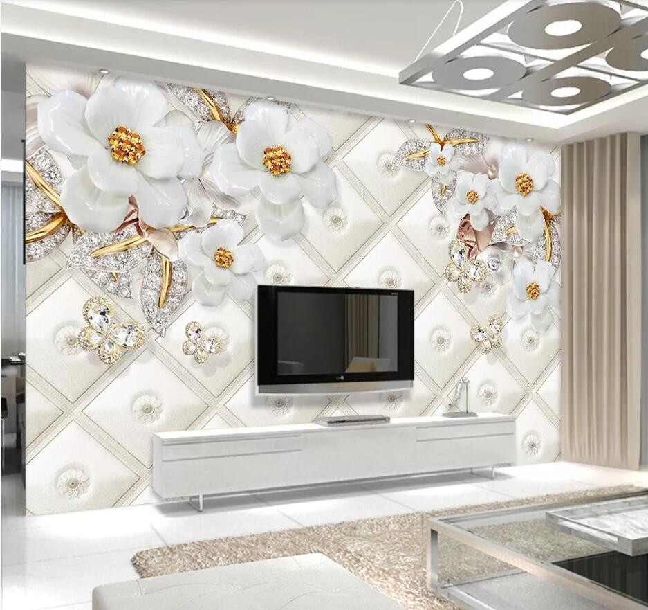 Custom wallpaper 3d mural papel de parede embossed white jewels floral diamonds leaves 3d mural background wall paper