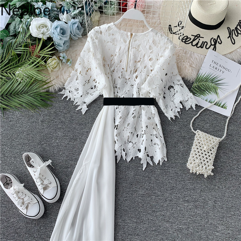 Neploe White Irregular Women Blouse Fashion Patchwork Hollow Out Lace Blusas Belted Elegant Office Lady Long Blouses Tops T200321