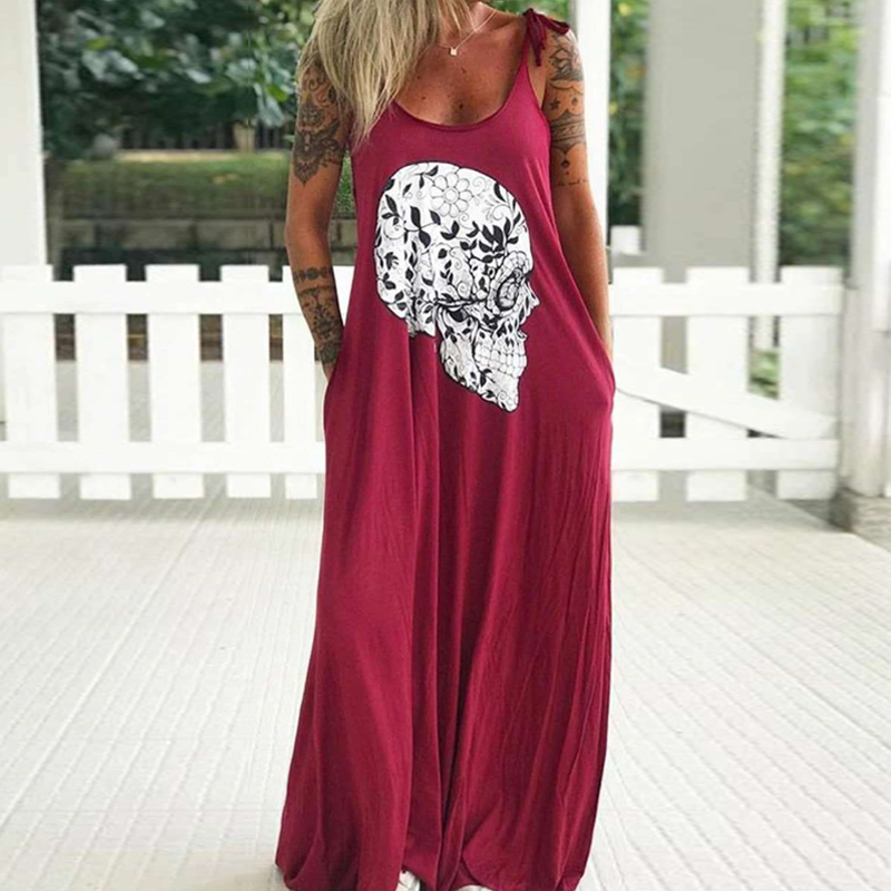 Punk Style Loose Summer Dress Women Skull Flower Print Sleeveless Long Dress Female Sexy High Slit Maxi Dress Vestidos 3XL T200603