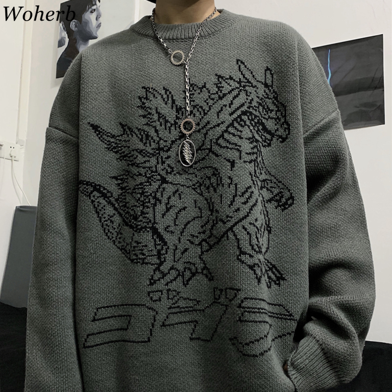 Woherb Vintage Loose Pullover Sweater Women Long Sleeve Dinosaur Pattern Knit Tops Jumpers Korean Fashion New Streetwear 91373 201023