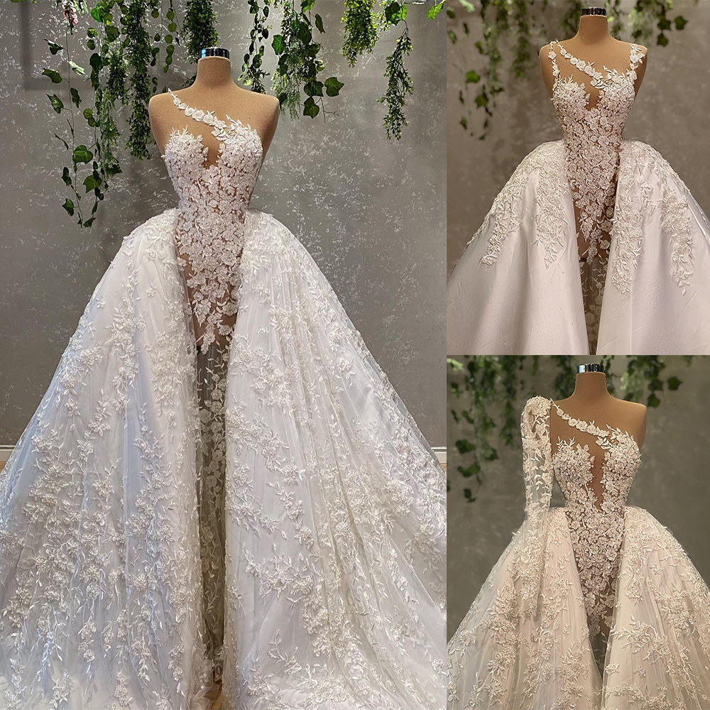 White D Floral Wedding Dress Lace Appliques Illusion Mermaid Tiered Ruffles Robe De Soiree Turkish Couture Dubai Abendkleider Bridal Gowns